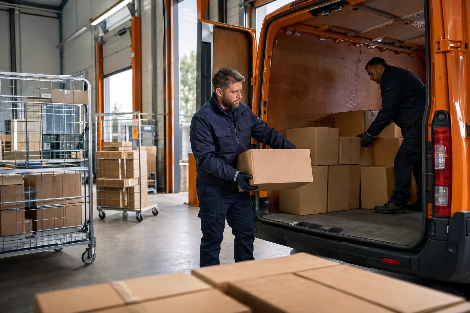 Symbolbild: zwei Fahrer beladen ein Zustellfahrzeug in einem Logistikdepot