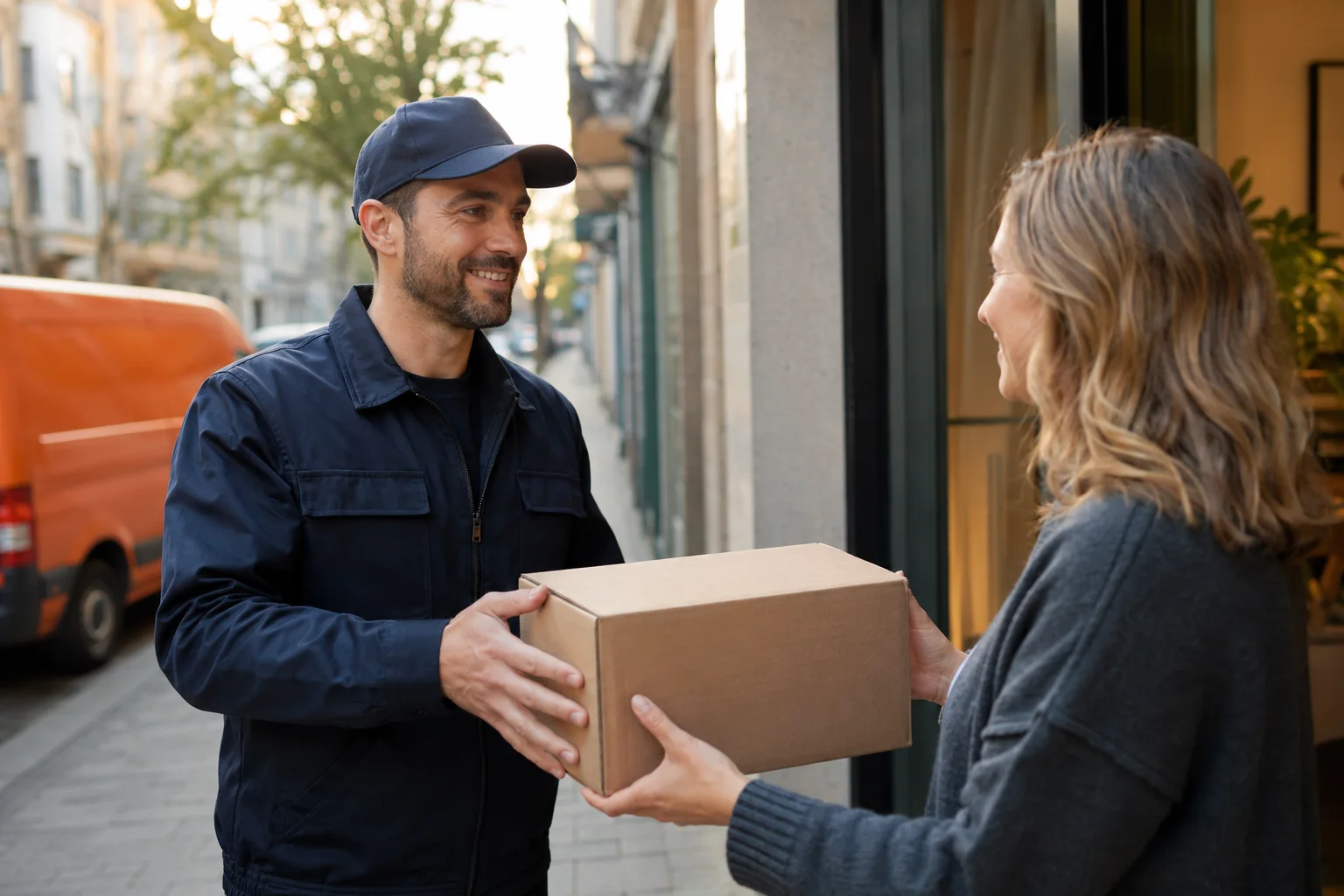 Symbolbild: freundliche Übergabe eines Pakets an einen Geschäftskunden